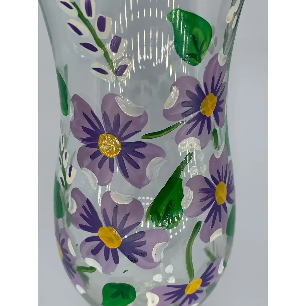 Hand Painted Flower Vase Clear Glass Bud Purple  8